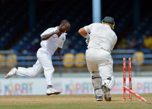 Kemar Roach takes out Shane Watson's off stump, West Indies v Australia, 2nd Test, Port-of-Spain, April 18, 2012