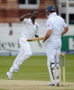 Kemar Roach celebrates the wicket of Andrew Strauss, England v West Indies, 1st Test, Lord's, 4th day, May 20, 2012