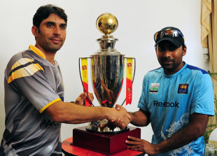 Misbah-ul-Haq and Mahela Jayawardene at the one-day series' trophy unveiling, Pallekele, June 6, 2012