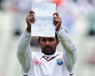 Denesh Ramdin has a message to broadcast on getting to his ton, England v West Indies, 3rd Test, Edgbaston, 4th day, June 10, 2012