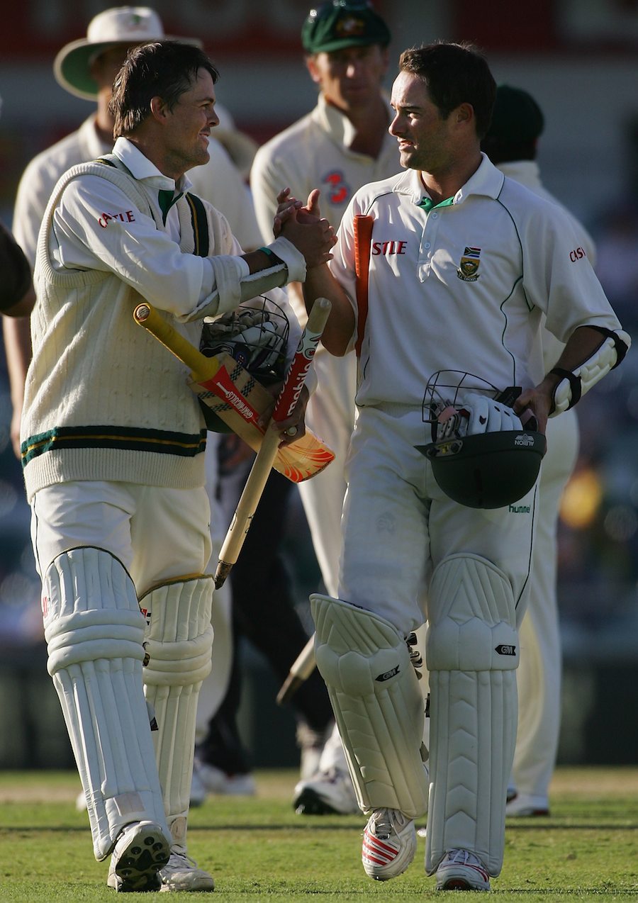 Jacques Rudolph and Mark Boucher celebrate a famous draw