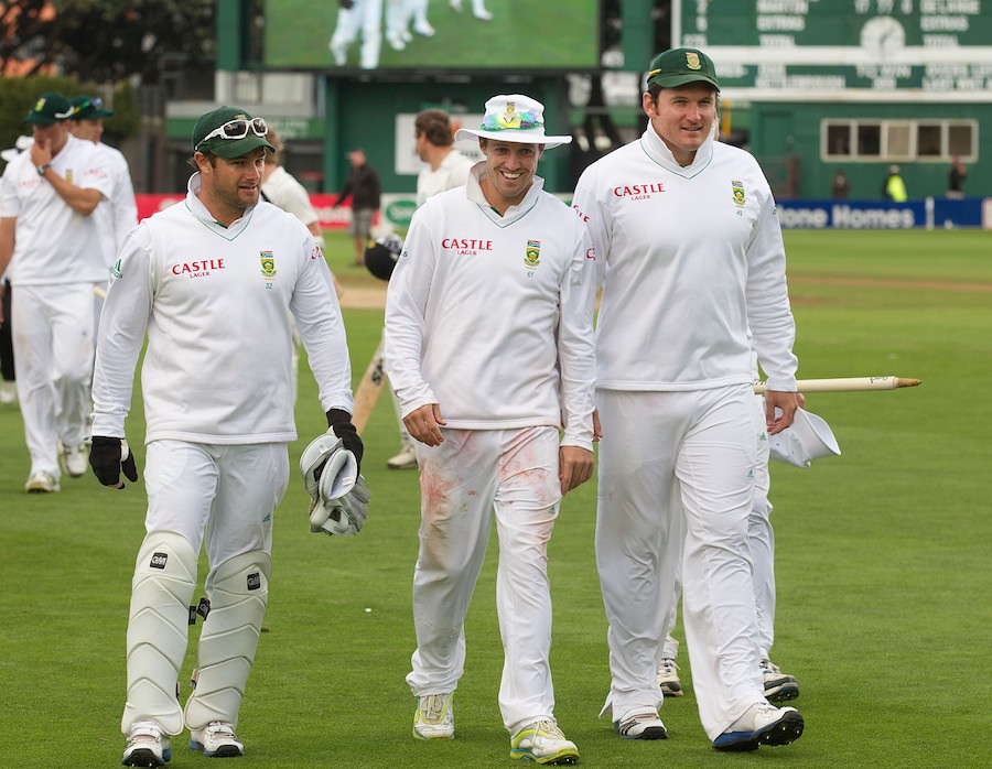 Graeme Smith, AB de Villiers and Mark Boucher walk off the field