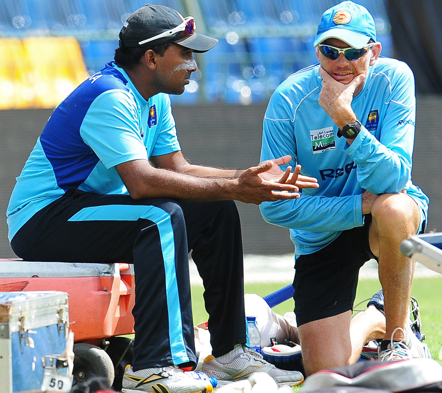 Mahela Jayawardene with coach Graham Ford ahead of the fourth ODI in Colombo