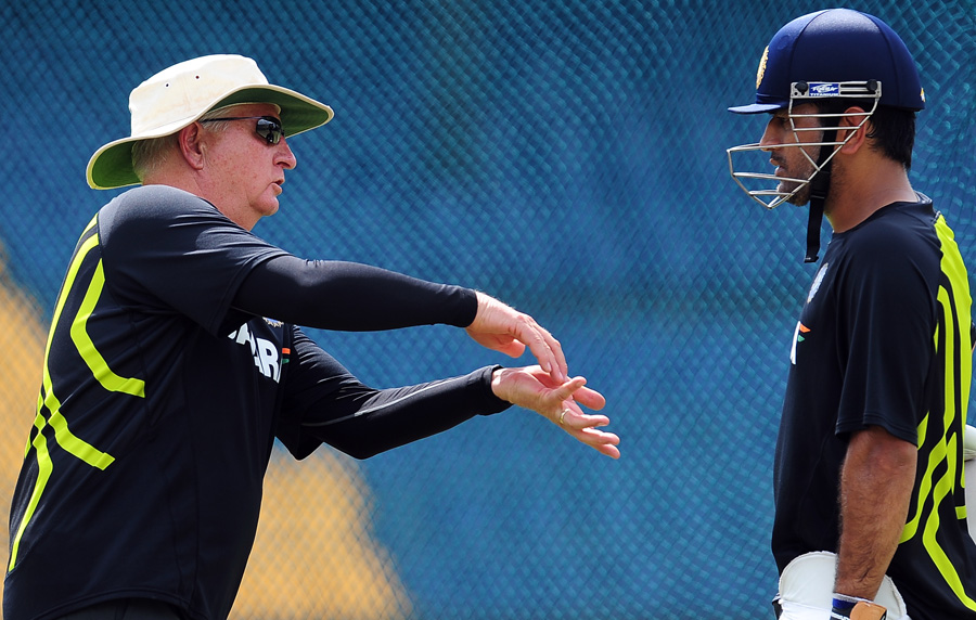 Coach Duncan Fletcher talks to MS Dhoni ahead of the fourth ODI against Sri Lanka