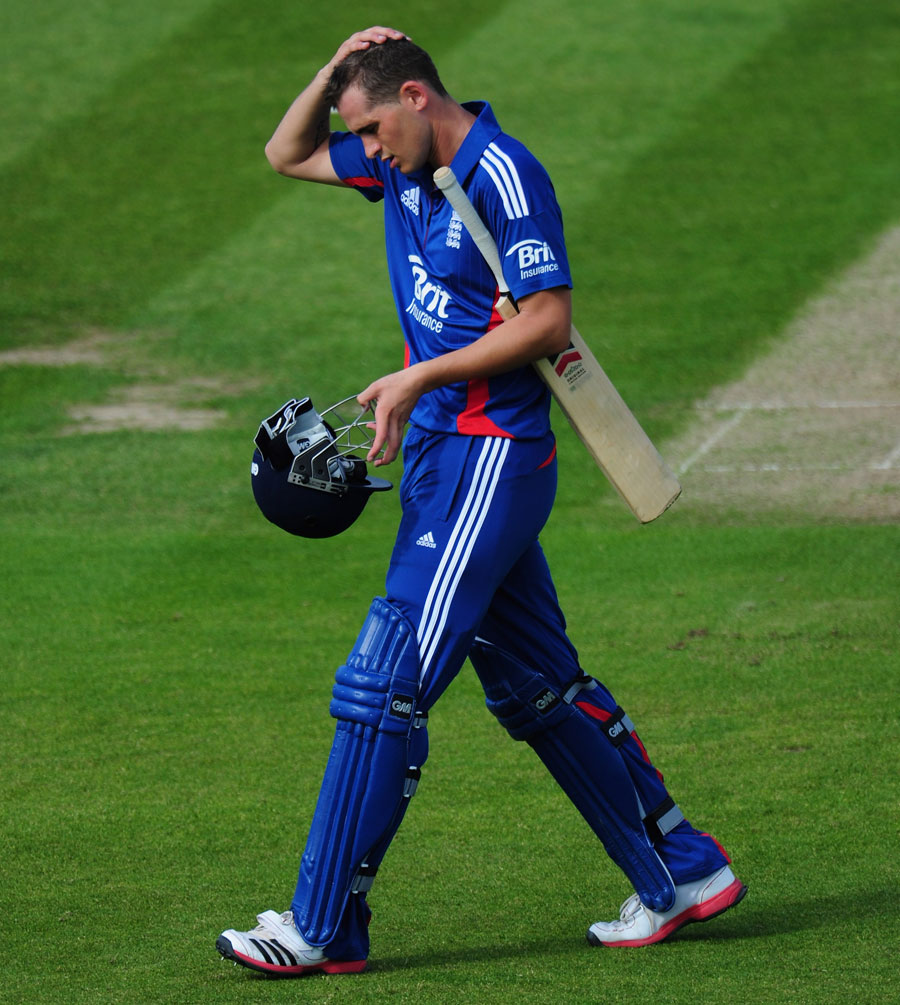 Alex Hales walks off after being run out