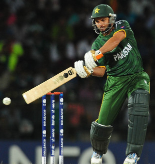 Shahid Afridi blasts one through the off side, India v Pakistan, Super Eights, World Twenty20, Colombo, September 30, 2012