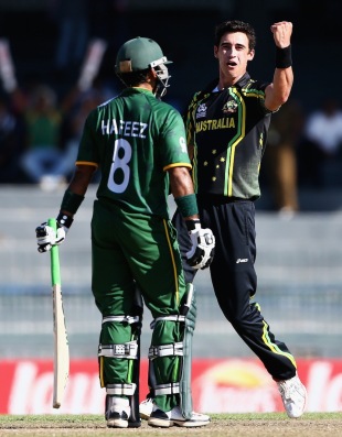 Mitchell Starc is pumped after picking up the wicket of Mohammad Hafeez, Australia v Pakistan, Super Eights, World Twenty20 2012, Colombo, October 2, 2012