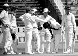 England players gather round Iqbal Qasim after he was struck by a Bob Willis bouncer, England v Pakistan, 1st Test, Leeds, June 6, 1978