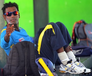 Angelo Mathews gestures while taking rest during practice, Pallekele, March 27, 2013