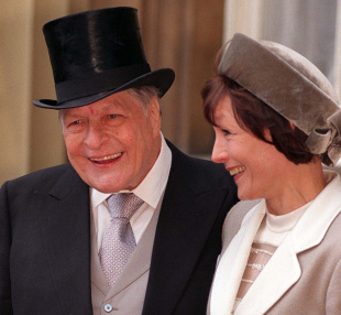 Sir Paul Getty with his wife Lady Victoria after receiving a knighthood, London, March 10, 1998