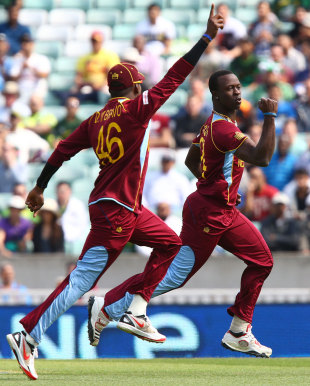 Kemar Roach is pumped after picking up Imran Farhat, West Indies v Pakistan, Champions Trophy, Group B, The Oval, June 7, 2013