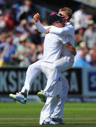 Joe Root lands in the arms of Jonny Bairstow, England v Australia, 2nd Investec Test, Lord's, 4th day, July 21, 2013