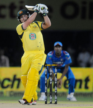 Aaron Finch deposits one into the stands, India v Australia, one-off T20, Rajkot, October 10, 2013