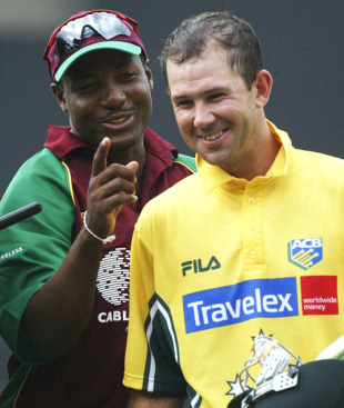 Captains Brian Lara of the West Indies and Ricky Ponting of Australia share a joke as they leave the field after the 2nd One Day International between the West Indies and Australia on May 18, 2003 at Sabina Park in Kingston, Jamaica.