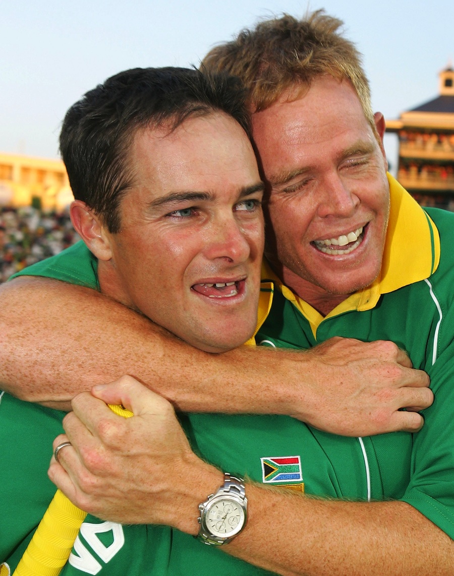 Mark Boucher celebrates with his relieved - and absent - team-mate, Shaun Pollock