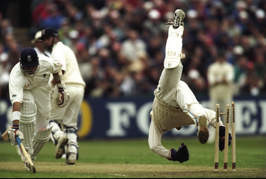 Mark Boucher of attempts to run out Alec Stewart 