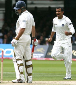 Zaheer Khan had Andrew Strauss caught at the slips for 18, England v India, 1st Test, 3rd day, July 21, 2007