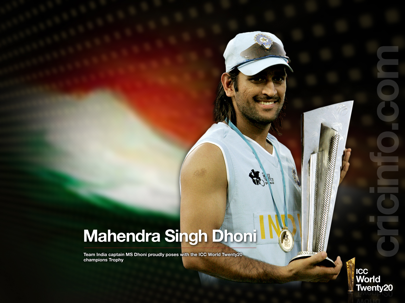 MS Dhoni poses with the T20 Trophy. Other wallpaper sizes: 800x600 