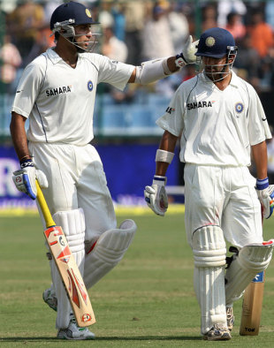 VVS Laxman pats Gautam Gambhir on his back for scoring a double century, India v Australia, 3rd Test, Delhi, 2nd day, October 30, 2008