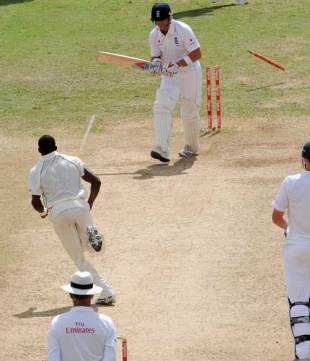 Matt Prior is bowled by Jerome Taylor, West Indies v England, first Test, Sabina Park, Kingston, February 7, 2009