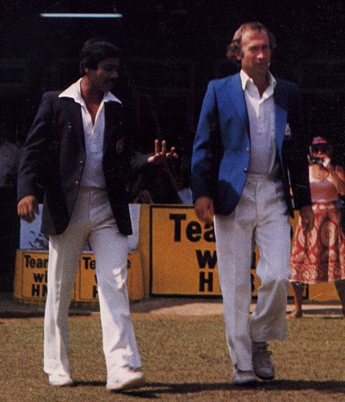  Bandula Warnapura and Keith Fletcher go out to toss in Sri Lanka's first Test