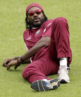 Chris Gayle relaxes during a training session on the eve of West Indies' quarter-final against Pakistan, World Cup, Mirpur, March 22, 2011