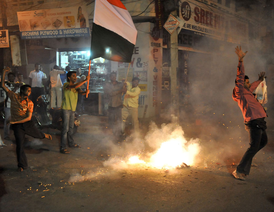 Crackers go off in Hyderabad to celebrate India's victory