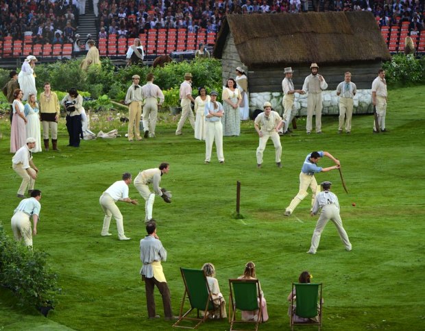 Performers play cricket at the opening ceremony of the Olympics, London, July 27, 2012