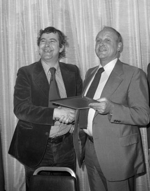 Frank Keating (l) of the <i>Guardian</i>, receiving his Best Sports Journalist for National Newspaper award from England football manager Ron Greenwood, Drury Lane Hotel, London, 1978