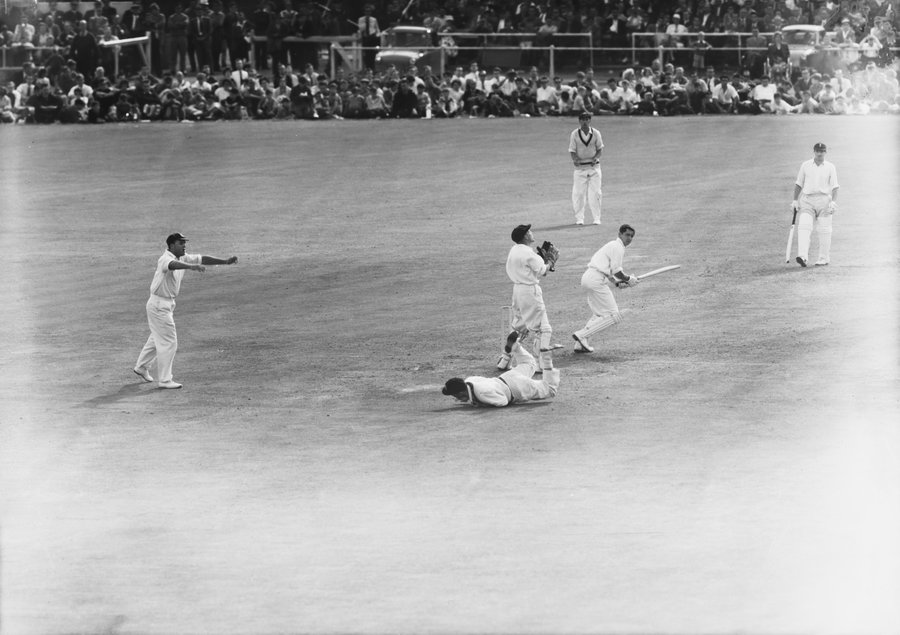 Bob Simpson dives to dismiss David Allen, England v Australia, Old Trafford, 1961