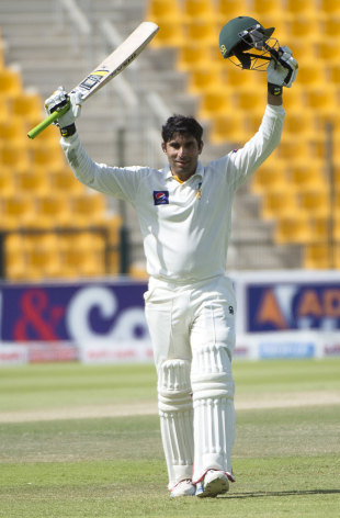 Misbah-ul-Haq raises his arms after reaching a century, Pakistan v South Africa, 1st Test, 3rd day, Abu Dhabi, October 16, 2013