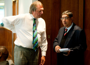 Giles Clarke and N Srinivasan at the ICC's executive board meeting, London, Friday, October 18, 2013