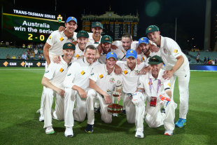 The Australian players pose with the series trophy, Australia v New Zealand, 3rd Test, Adelaide, 3rd day, November 29, 2015