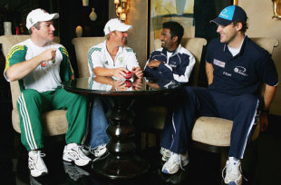 Stuart MacGill, Shane Warne, Muttiah Muralitharan and Daniel Vettori at a press conference before the Super Series, October 2005