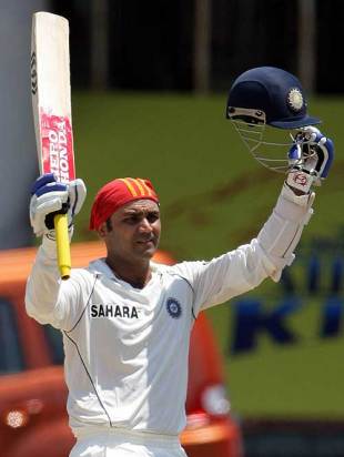 Virender Sehwag celebrates a record triple-hundred, India v South Africa, 1st Test, Chennai, 3rd day, March 28, 2008 