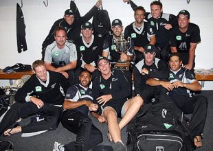 The New Zealand team celebrate in the dressing room after winning the ODI series 2-1, New Zealand v West Indies, 5th ODI, Napier, January 13, 2009